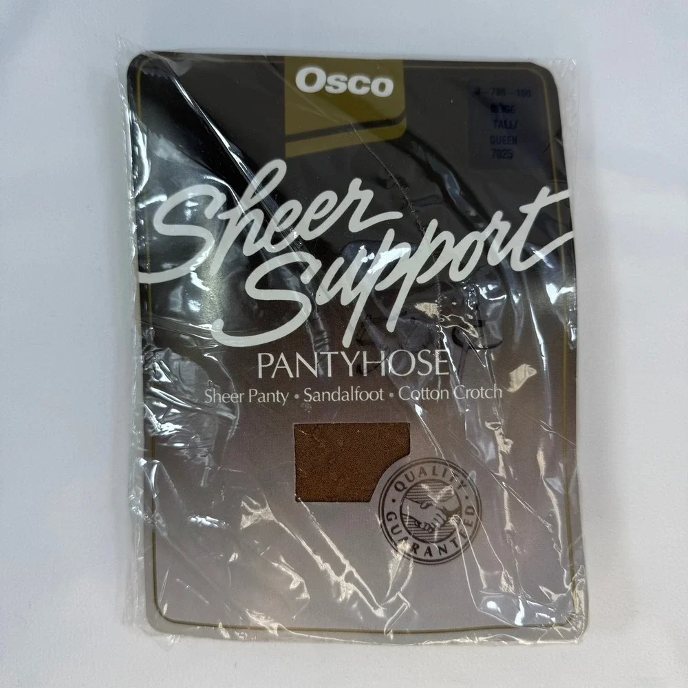 VTG Osco Sheer Support Pantyhose Beige Tall Queen Sandalfoot Cotton Crotch 7025